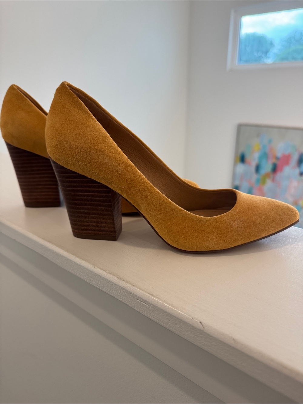 Crown Vintage Mustard Suede Block Heel Pumps